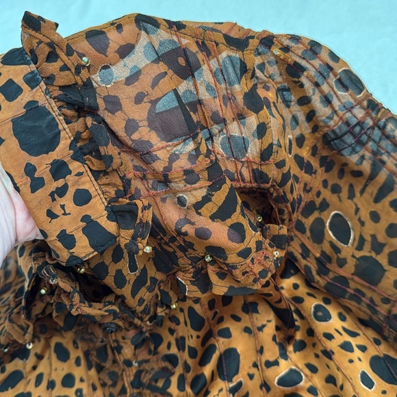 Nadya | Button Front Ruffle Bead Detail Animal Print Blouse Handmade in Bali (S) - Picture 13 of 15